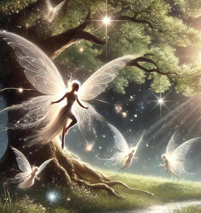 Winged beings standing in light beneath a tree, beside a river — a scene of quiet magic, presence, and otherworldly companionship.