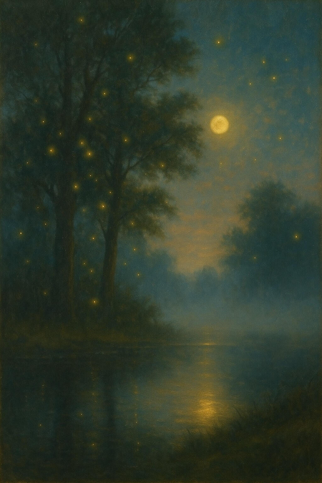 A moonlit forest at twilight with tall trees reflected in still water.