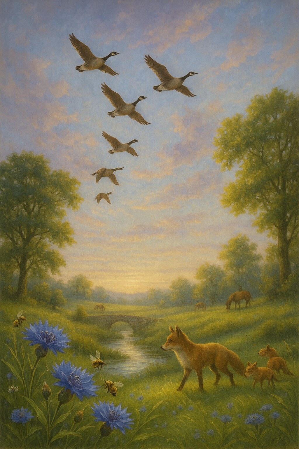 An enchanting picture of fox, horses, bees, flowers, trees, meadow, a stream, a bridge, geese, clouds, sky, light - fully expressed individuals in harmony with their ecosystem