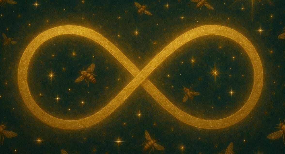 Golden infinity symbol with bees flying around it against a starry night sky — mystical, symbolic artwork representing transformation, rebirth, and the sacred feminine.