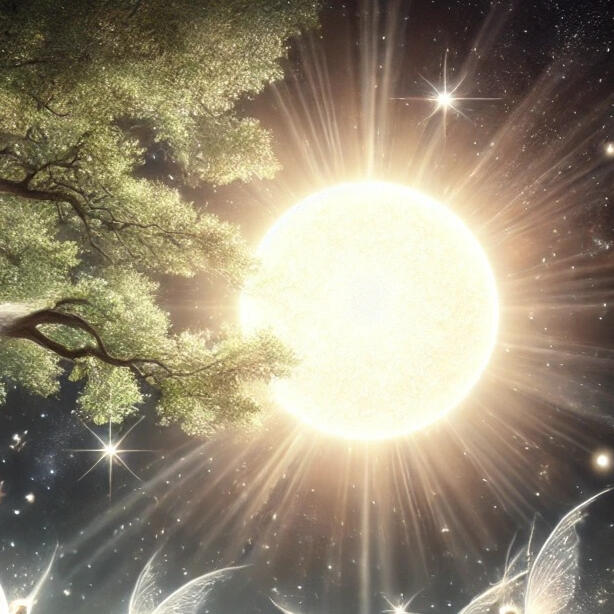 Radiant glowing sun filtering through trees, evoking illumination, presence, and inner light