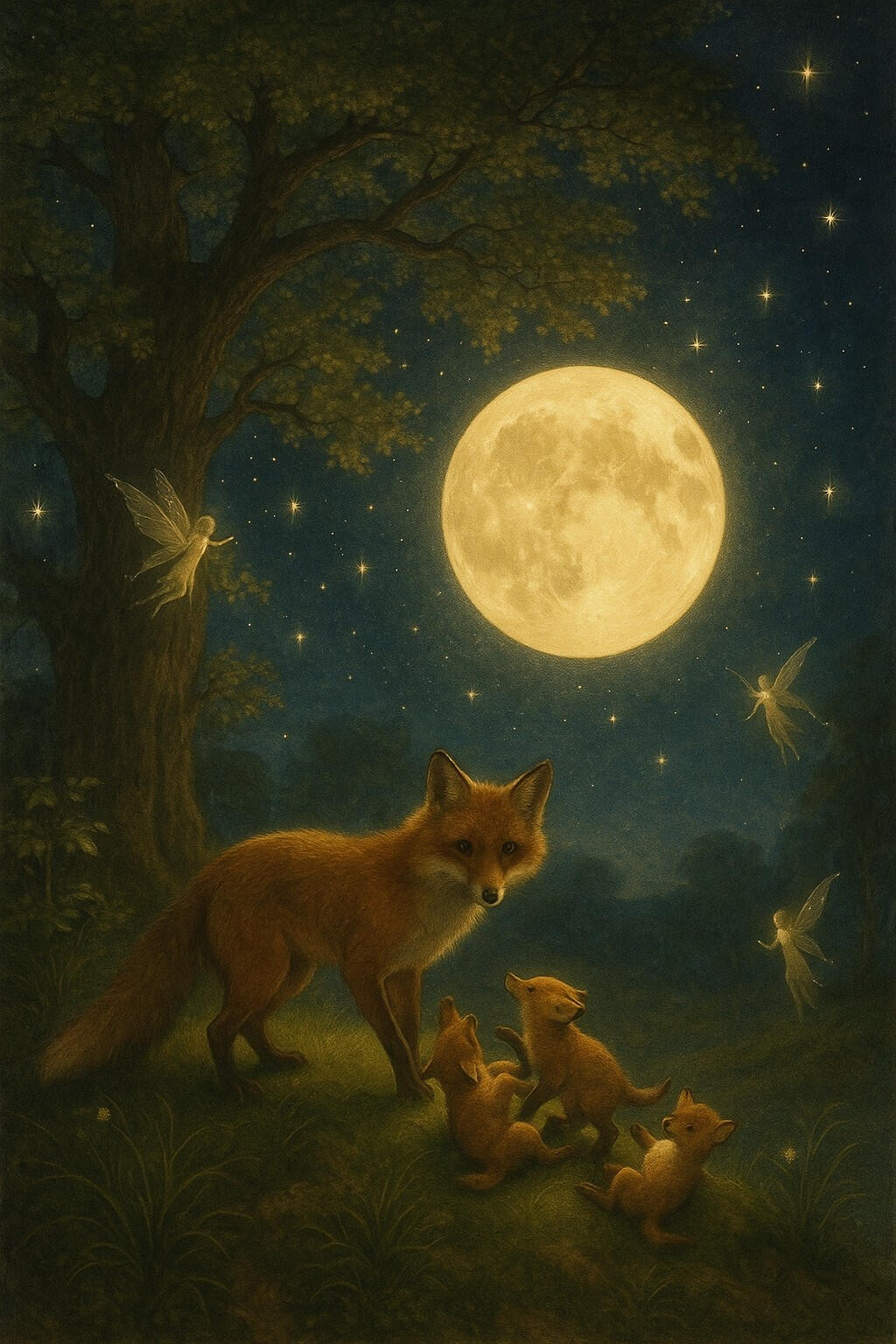 A fox and cubs beneath a golden full moon, surrounded by trees and stars — a scene of quiet guardianship and wild wisdom.