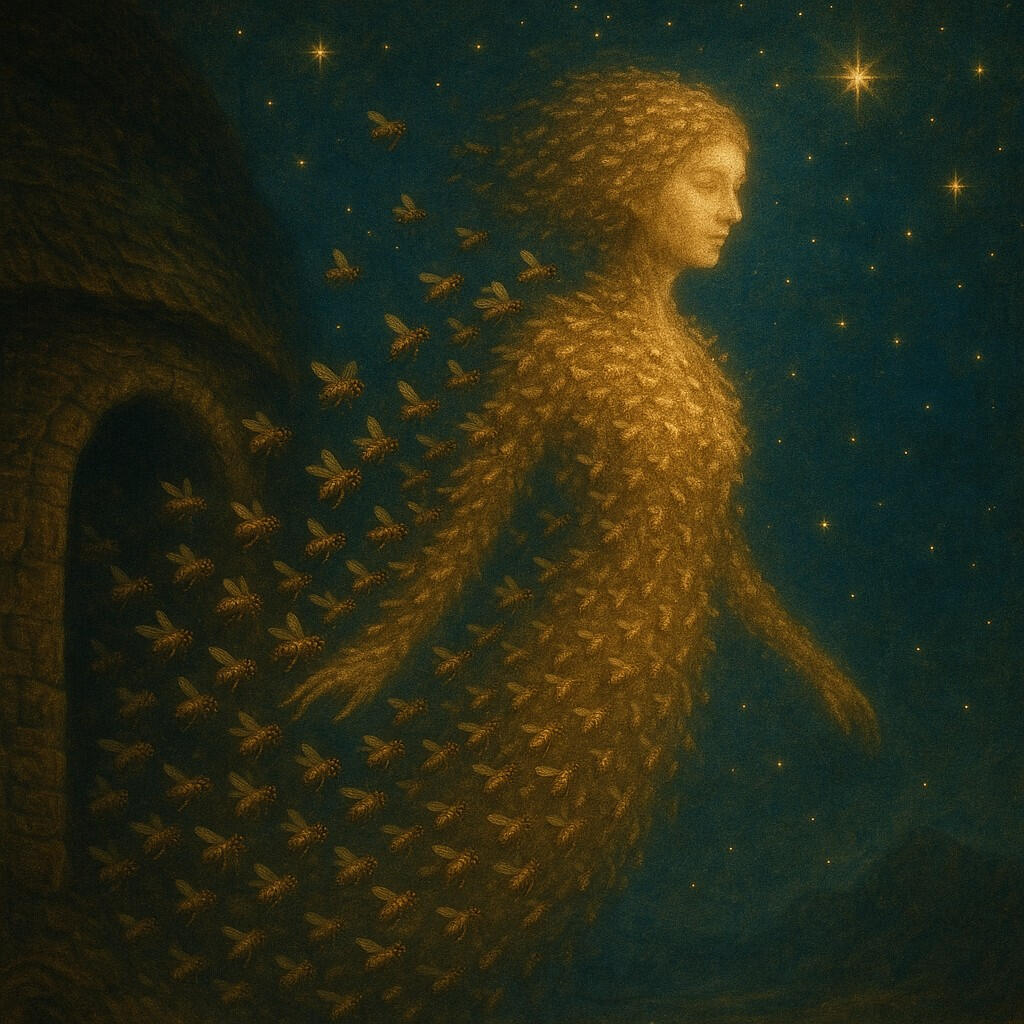 Evocative digital painting of a woman made of bees rising from a dark hive into a starlit sky — representing the myth of Eurydice, transformation, and collective return.