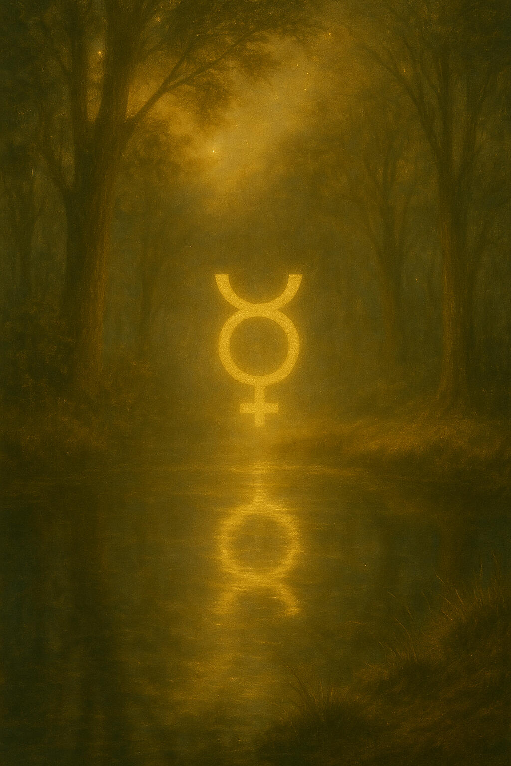 Golden-hour woodland with Mercury’s symbol and its reflection in misted water, symbolising reversals, insight, and the rhythm of thought.