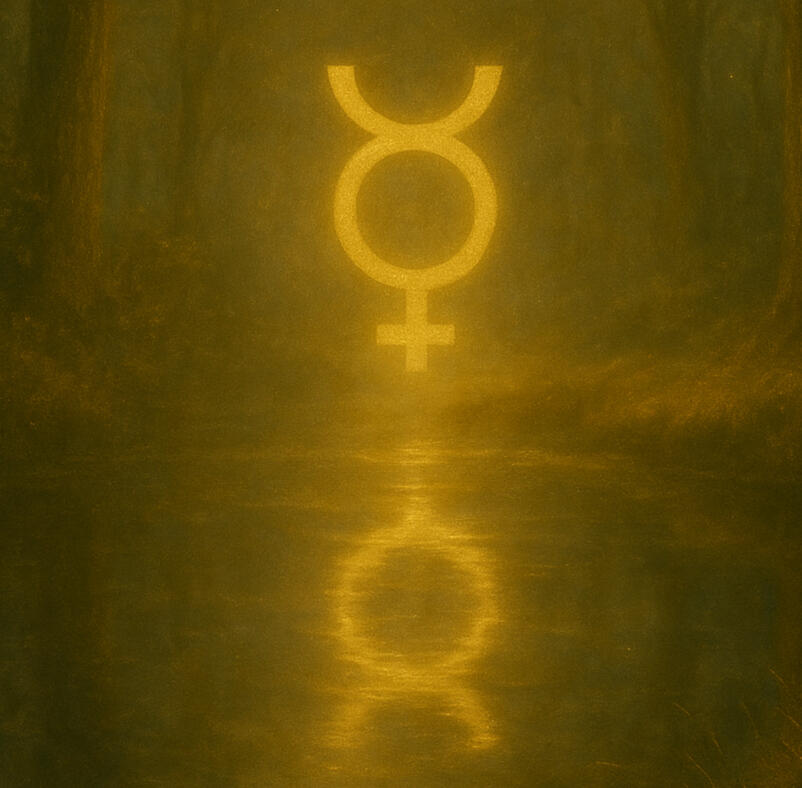Golden-hour woodland with Mercury’s symbol and its reflection in misted water, symbolising reversals, insight, and the rhythm of thought.
