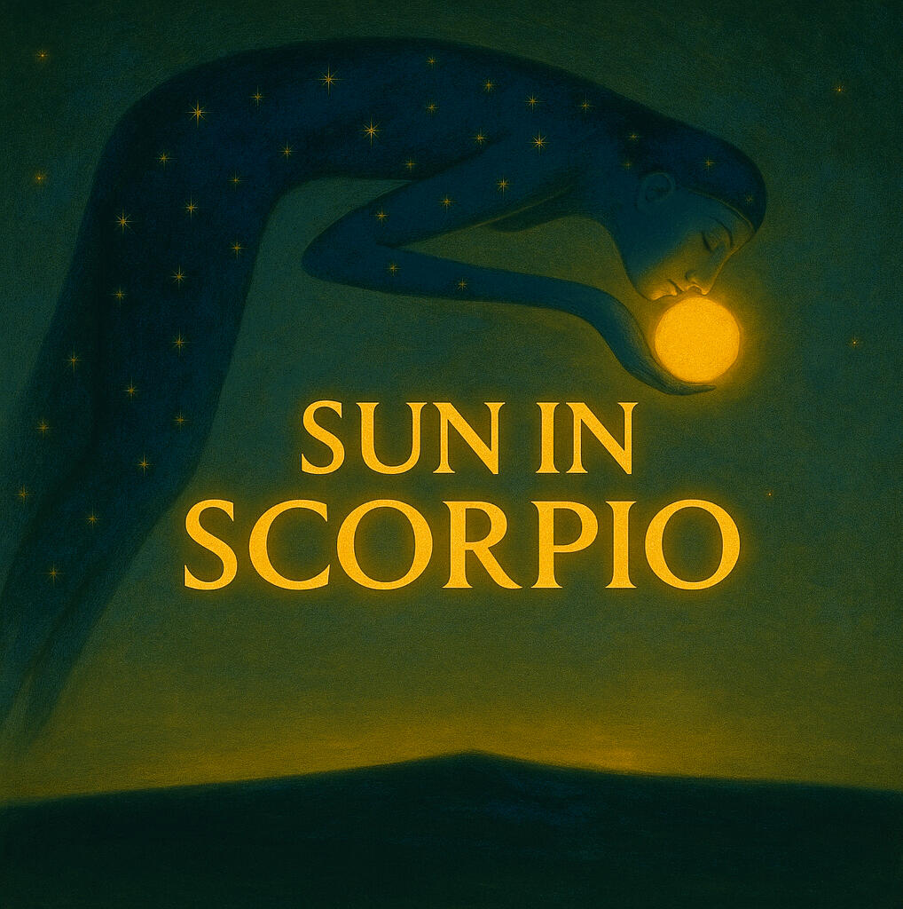 Painting of the Egyptian sky goddess Nut arching across a deep blue night sky, her body filled with golden stars. She leans forward toward a glowing orb of the Sun, symbolising the Sun’s nightly journey through her and its rebirth at dawn.